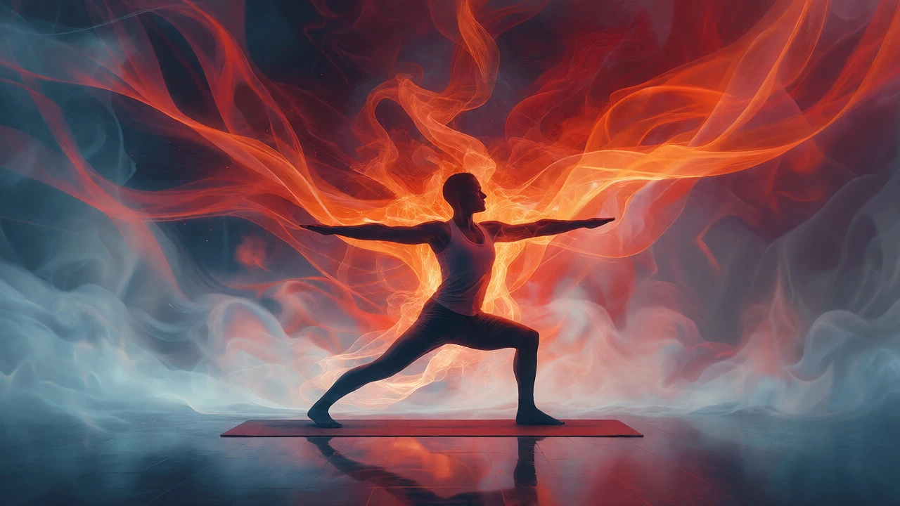 Abstract visualization of internal heat and warrior spirit in yoga