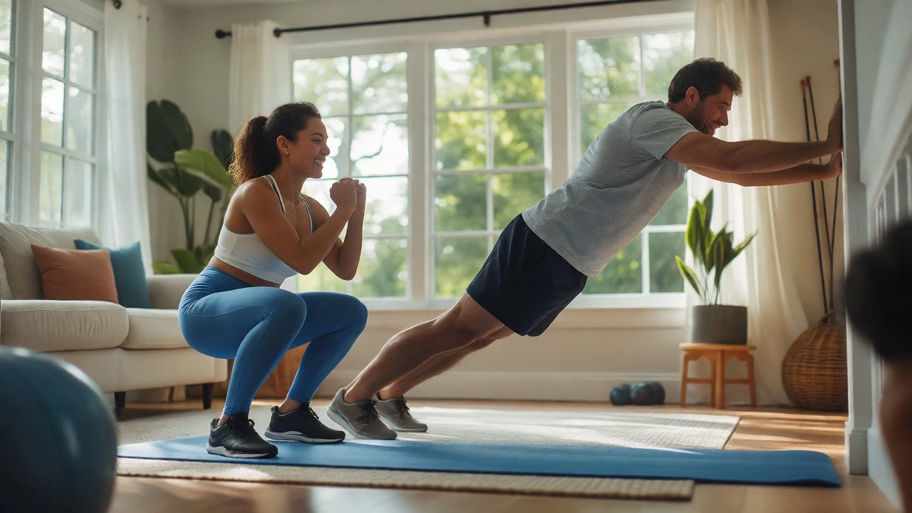 Beginners doing gentle bodyweight exercises in a bright, relaxed home environment.