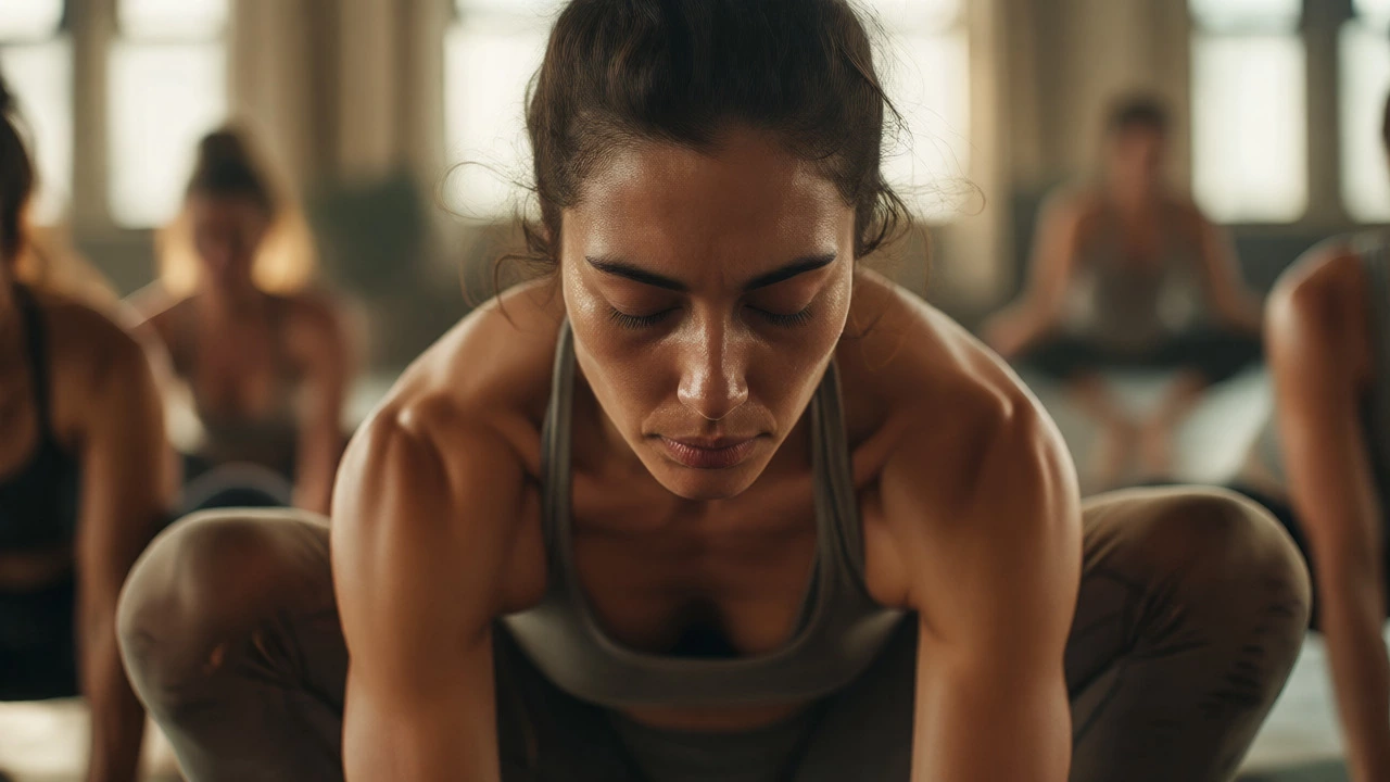 Close-up of a yogi sweating during an intense strength-based pose