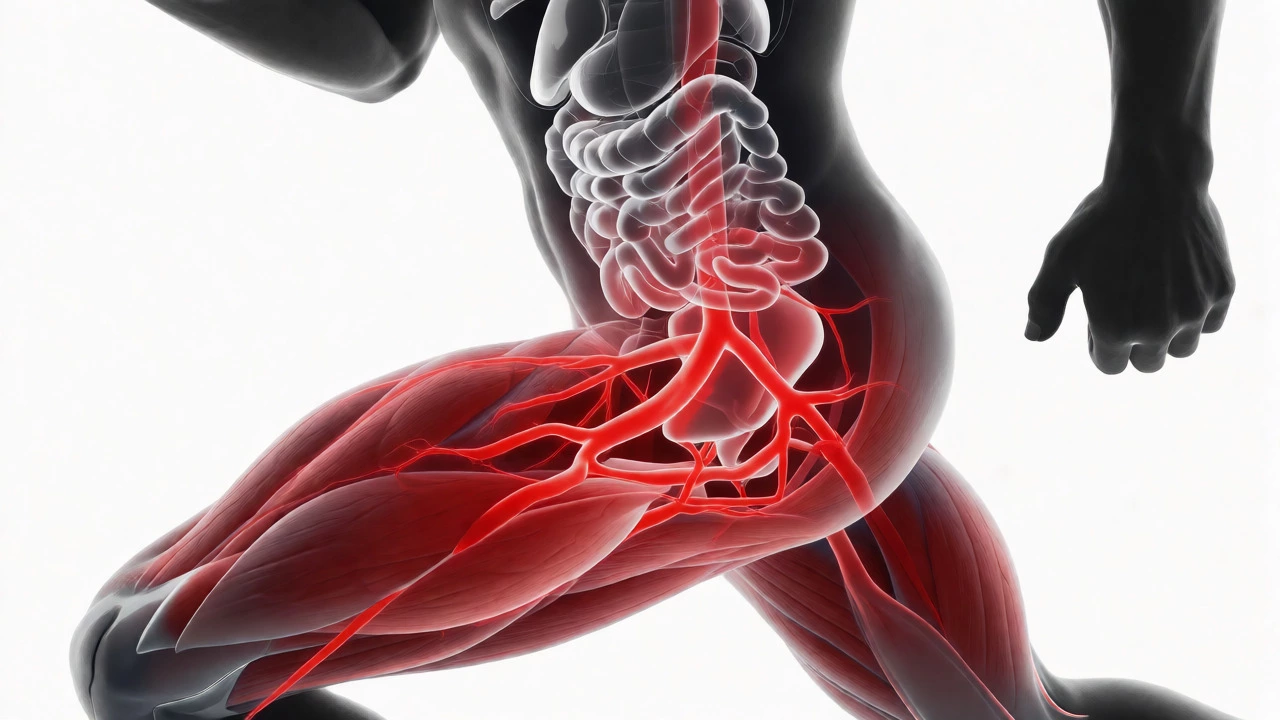 Diagram showing blood flow shifting from gut to muscles during exercise