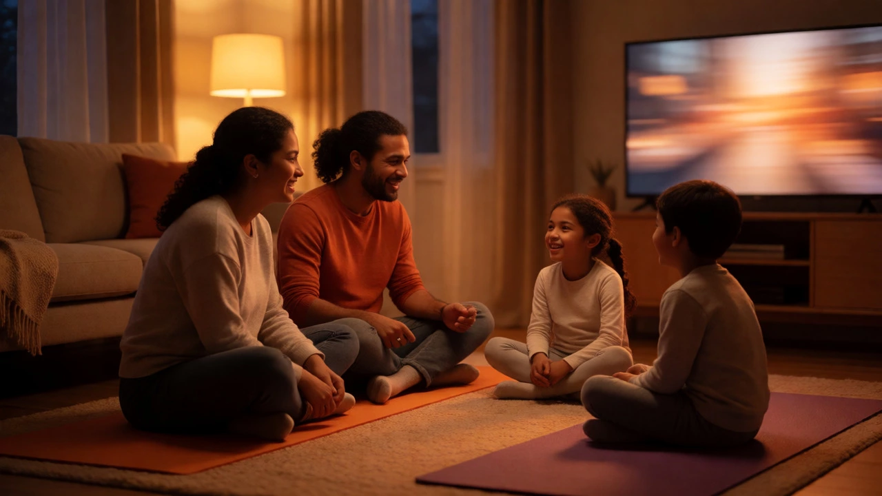 Family gently stretching together on living room rugs in a cozy, relaxed evening setting.