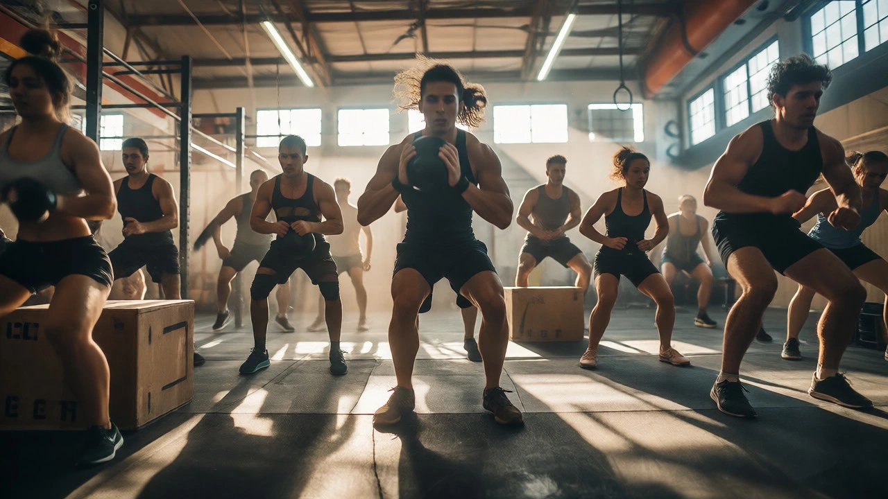 Group exercising continuously in a high-energy circuit training session