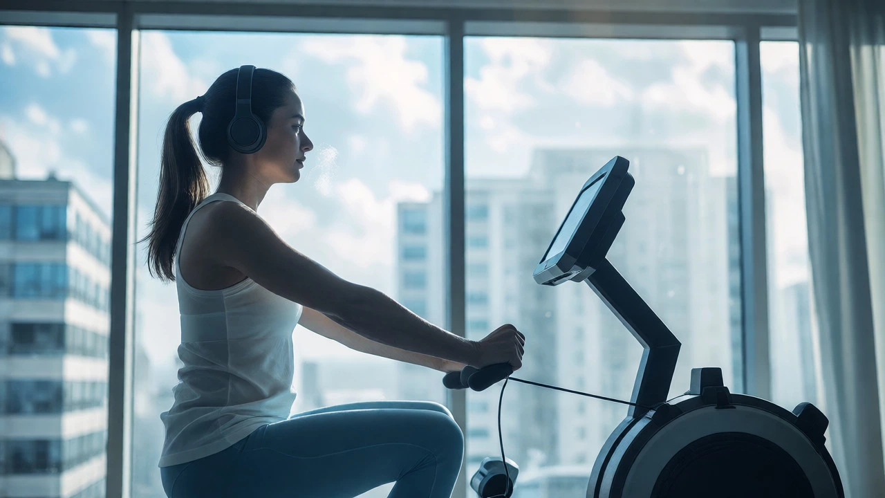 Individual exercising on a stationary bike for low-impact HIIT