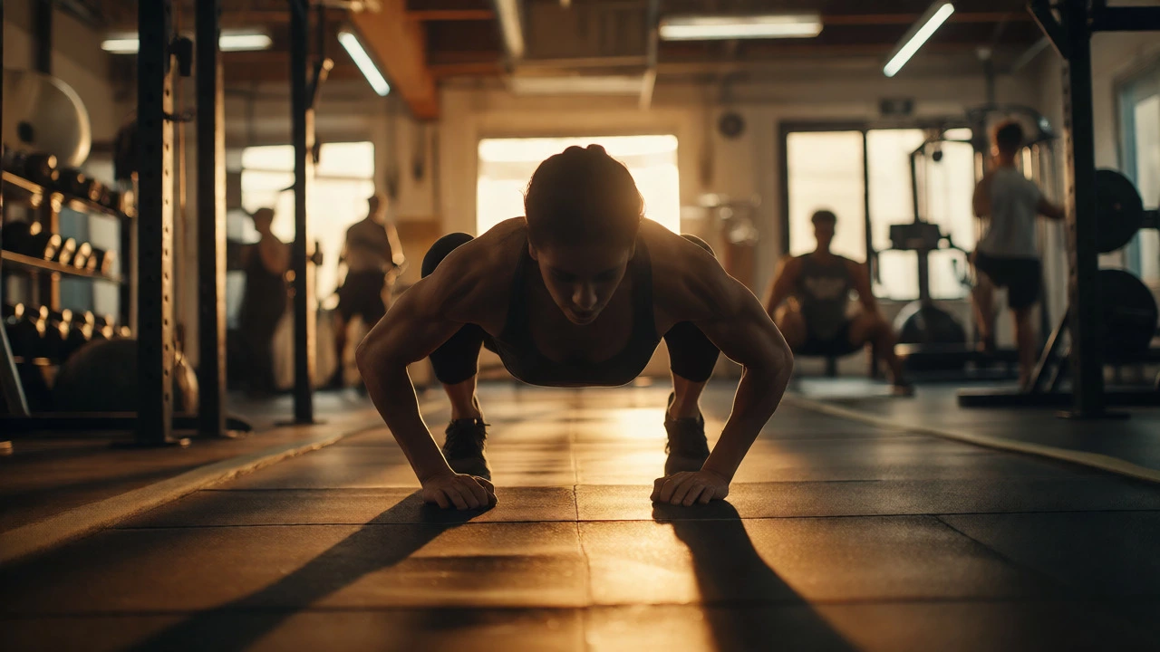 Person performing burpees in a gym during a balanced HIIT session