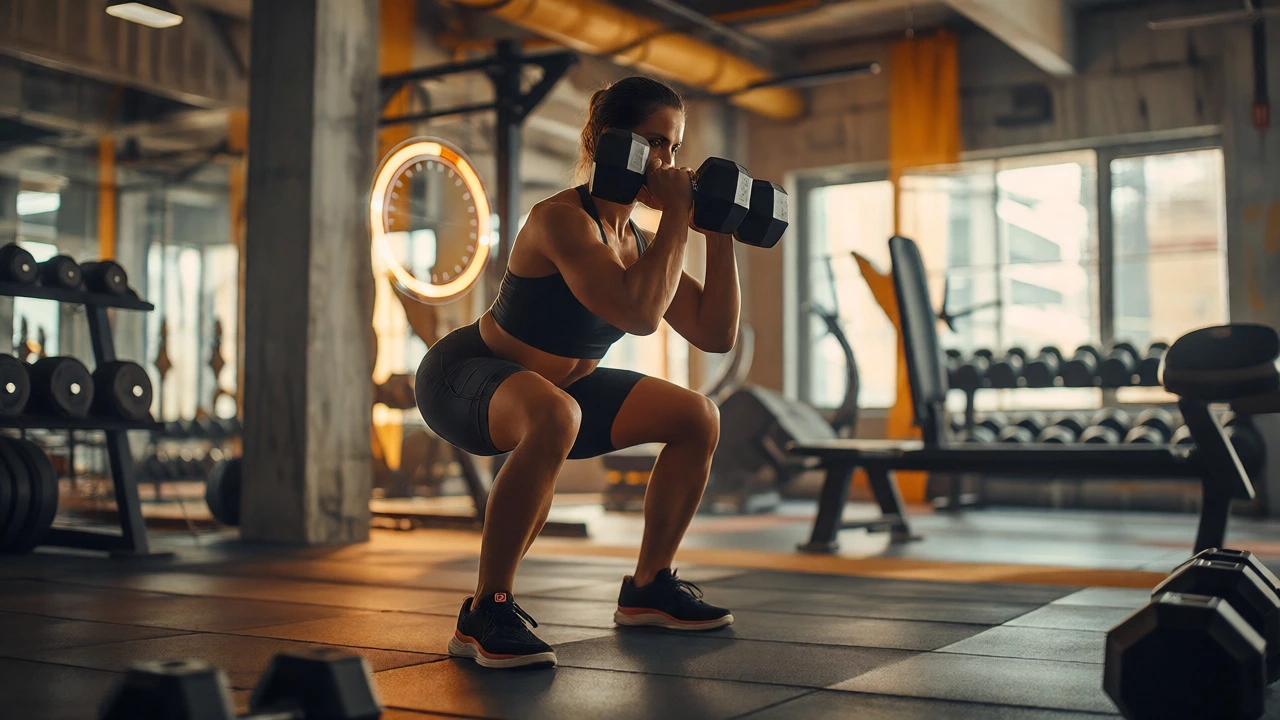 Person performing dumbbell thrusters with precise form in a gym setting