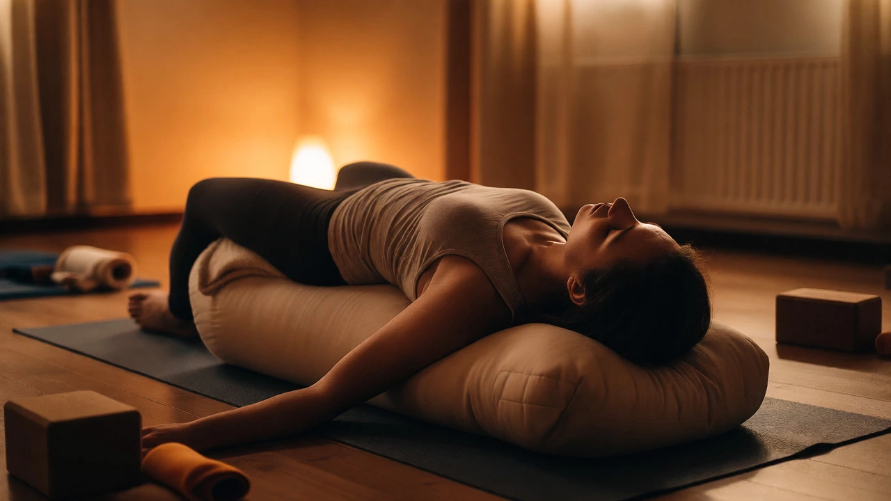 Person resting on a bolster during restorative yoga