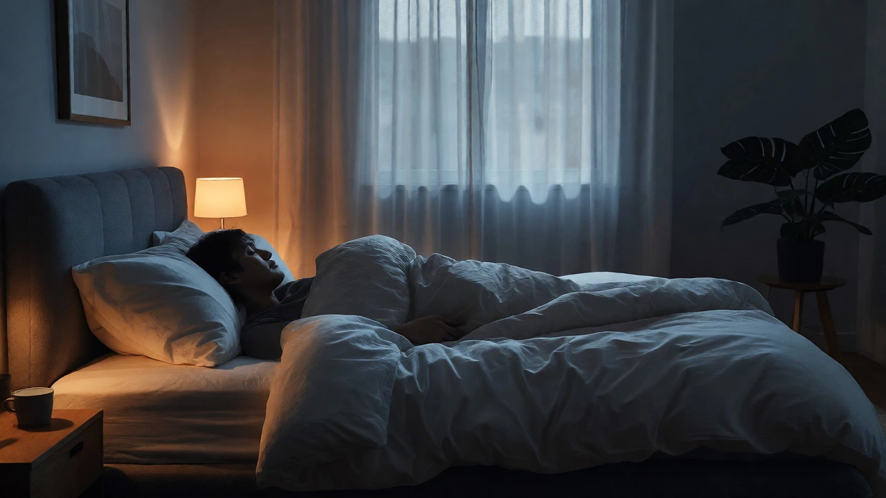 Person sleeping peacefully in a dimly lit, cozy bedroom