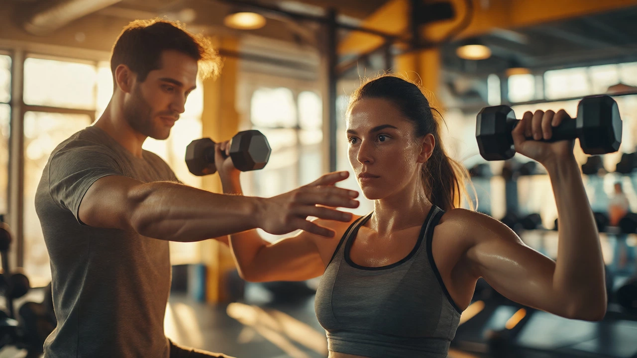 Personal trainer correcting client's form during a dumbbell exercise