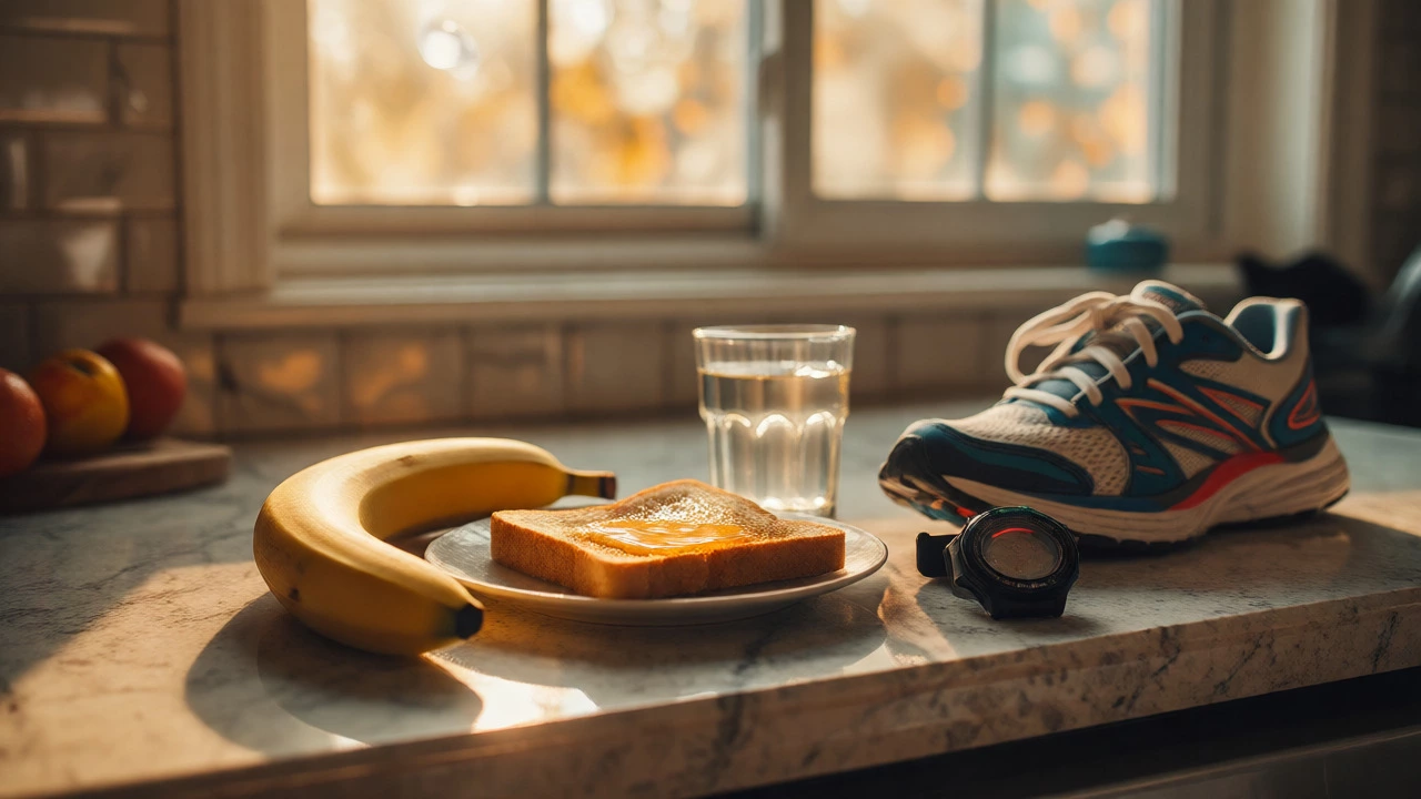 Pre-run snacks like banana and toast on a kitchen counter