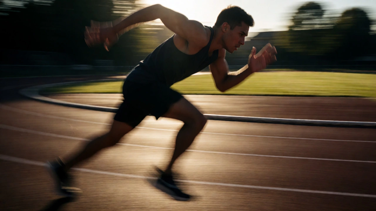 Sprinter in full stride during an intense high-speed track workout