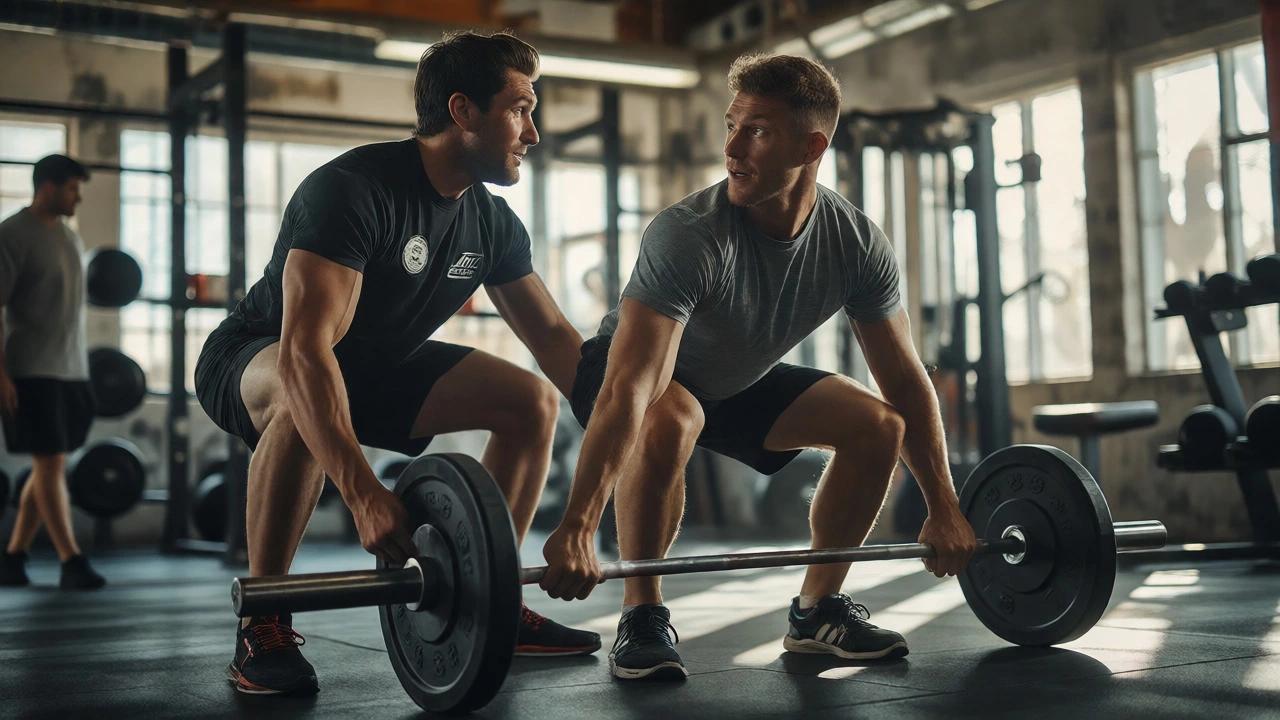 Trainer correcting client's form during a gym trial session
