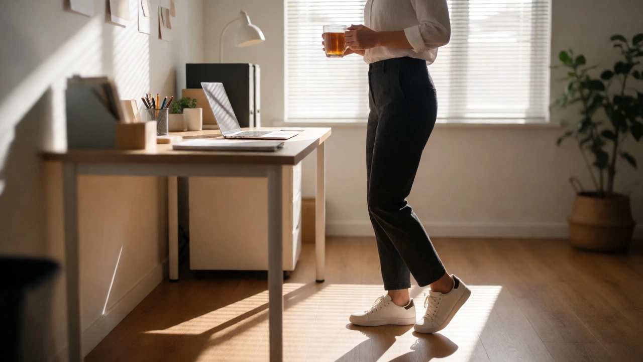 Woman performing calf raises at her desk during a work break, demonstrating micro-workouts.