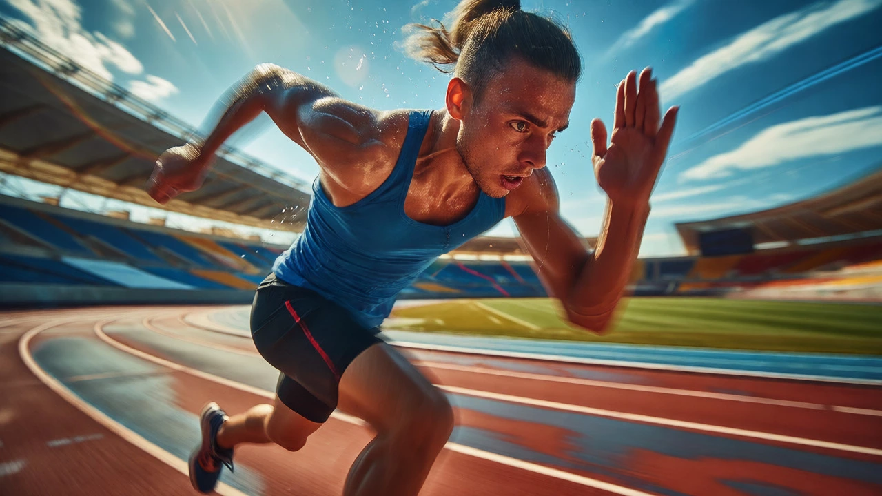 Athlete sprinting intensely on a track during HIIT workout.