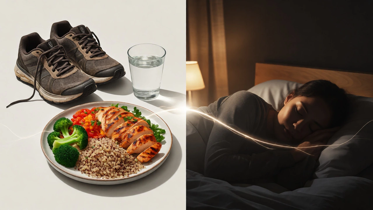 Conceptual image linking running shoes, healthy food, and sleep