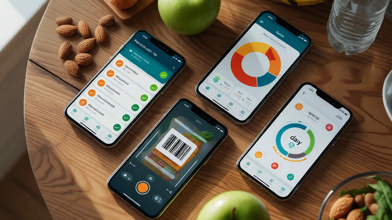 Four smartphones showing different nutrition tracking app interfaces on a table