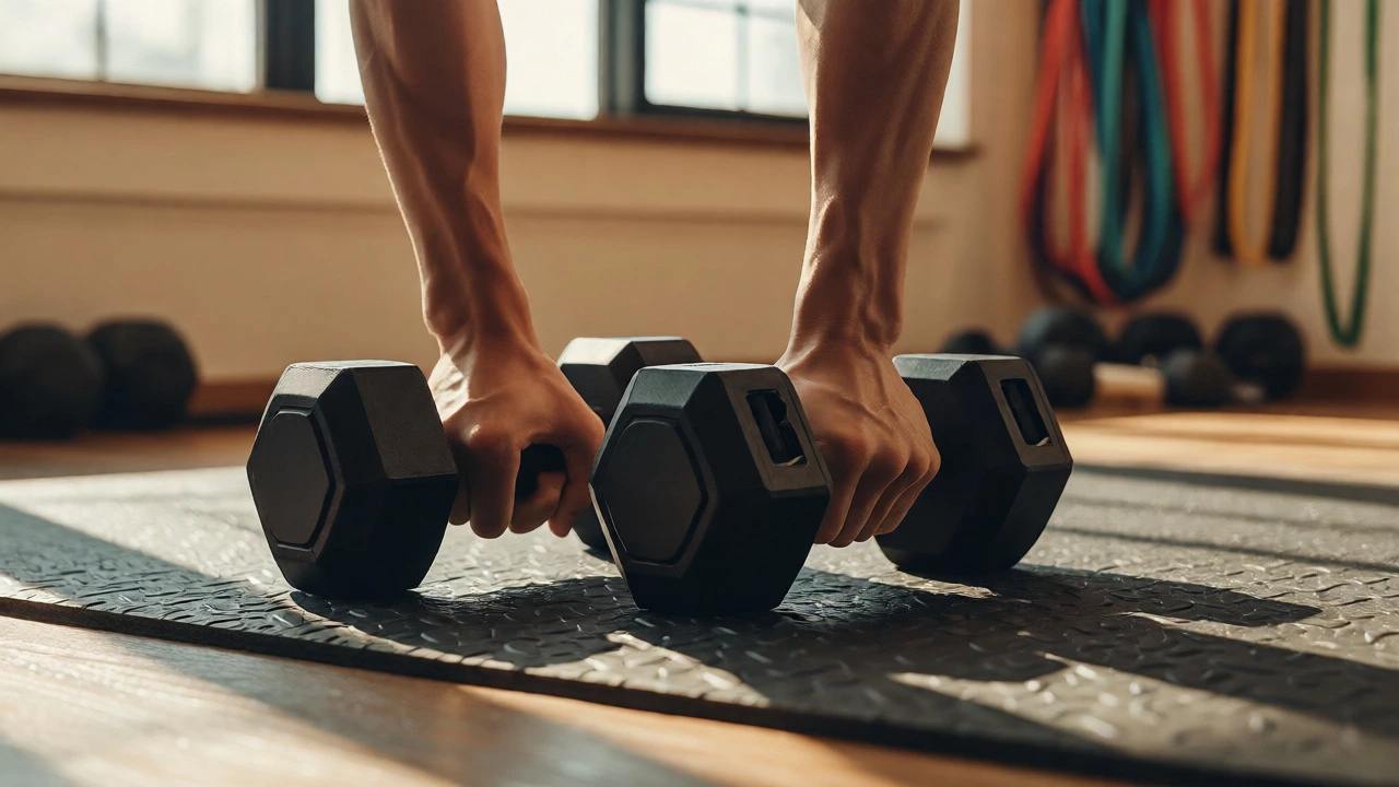 Hands holding dumbbells on an exercise mat