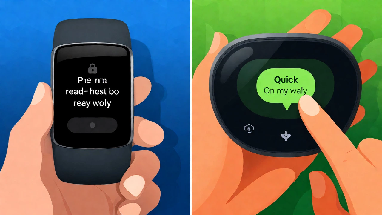 Illustration comparing Fitbit text reply features on Android versus read-only notifications on iOS.