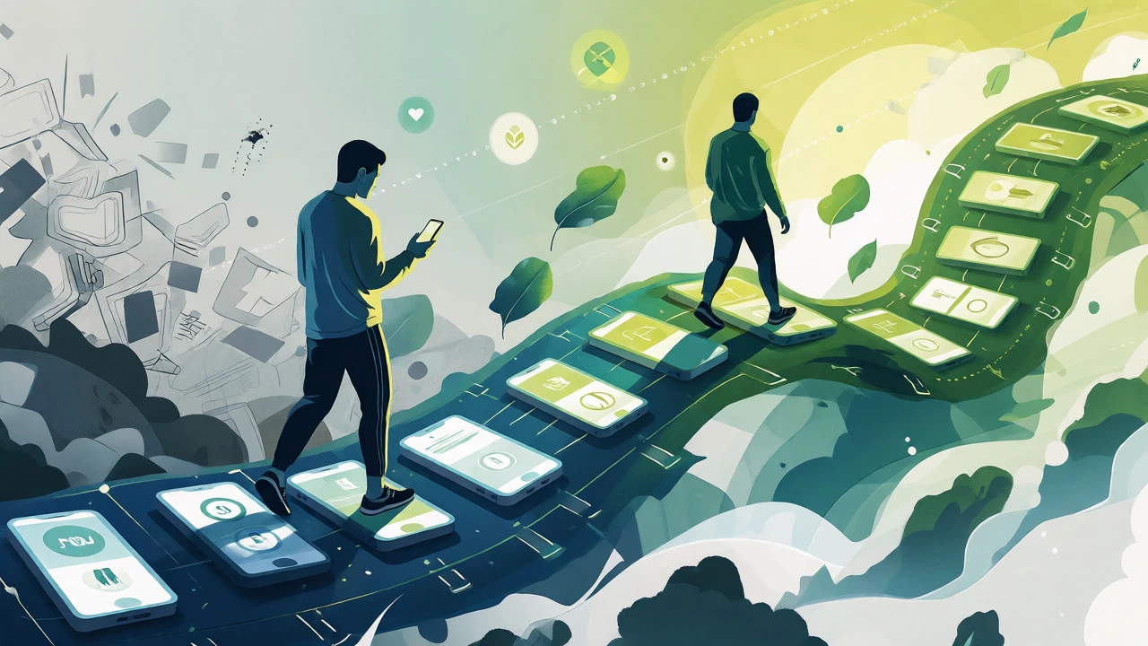 Illustration of a person walking on a path of digital health data