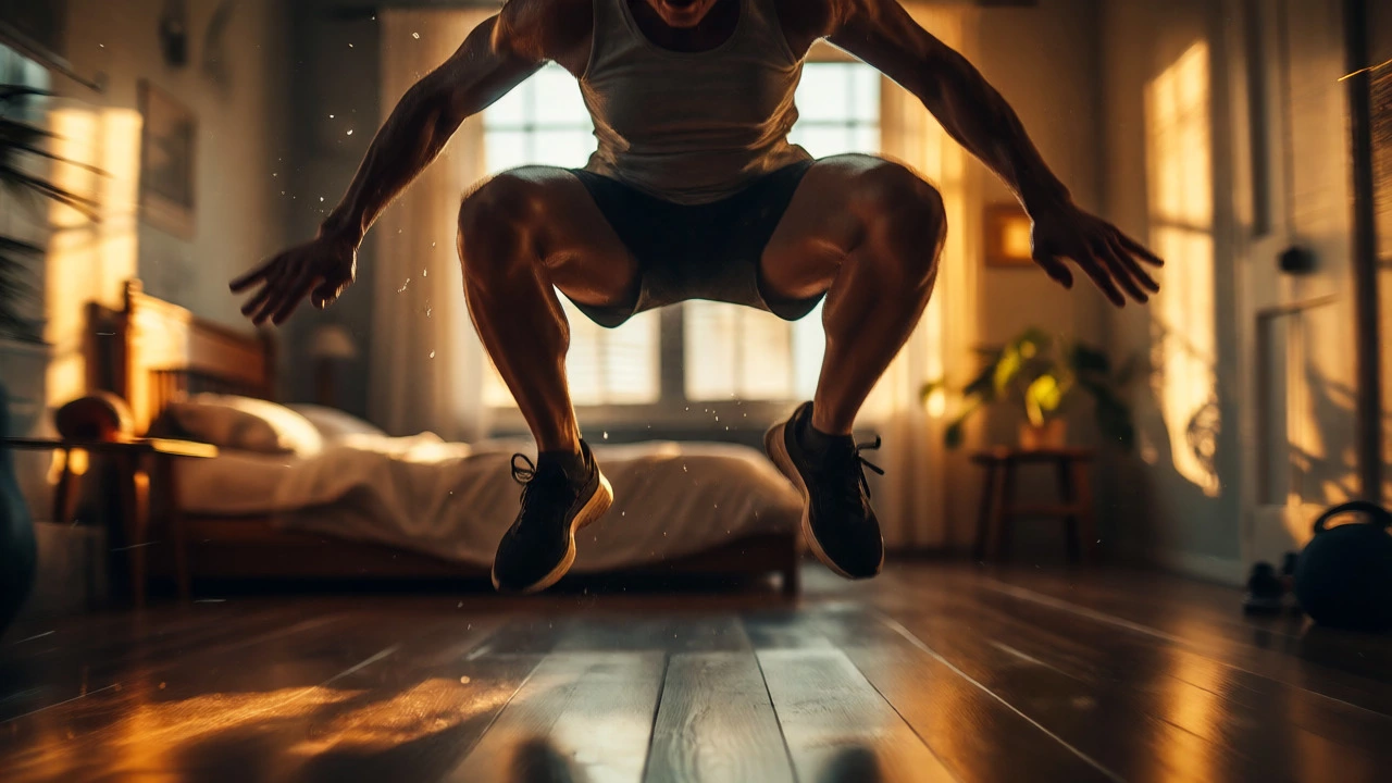 Individual doing explosive jump squats at home