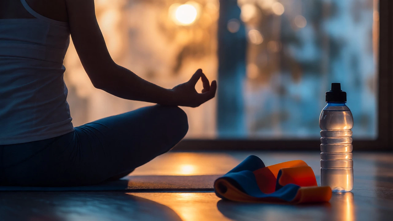 Individual meditating peacefully after a yoga session with equipment nearby.