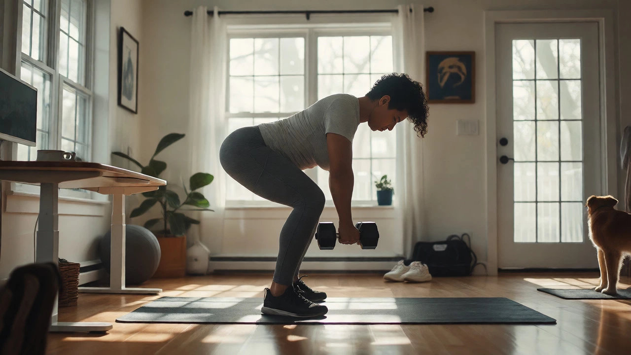 Individual performing strength training in a sunlit home gym.