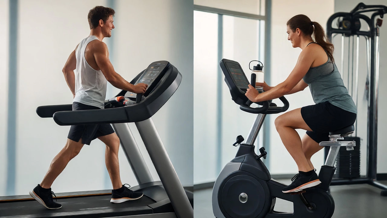 People using treadmill and stationary bike for low-impact cardio