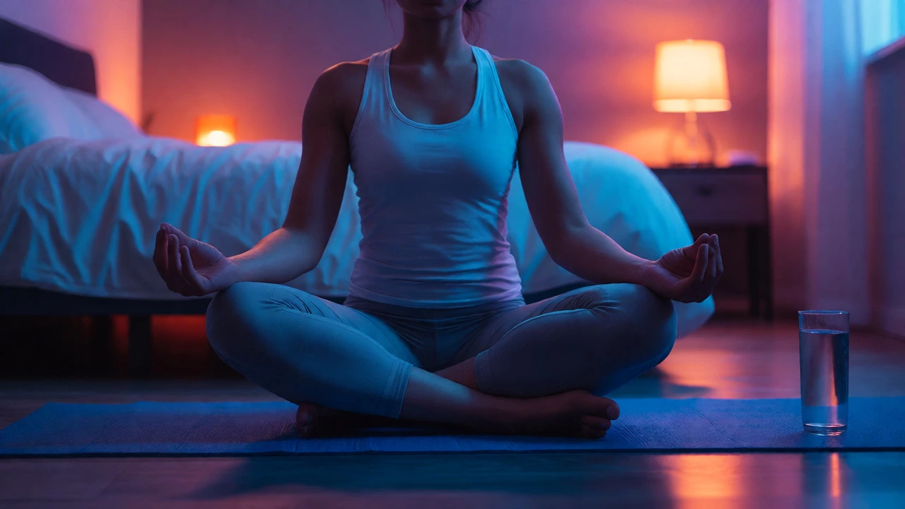 Person meditating and stretching in a dim room