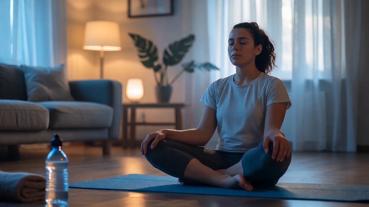 Person resting and breathing deeply on a yoga mat