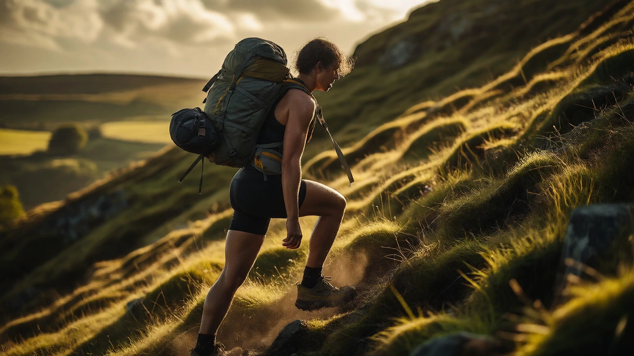 Person rucking uphill with a weighted backpack, showcasing muscular effort.