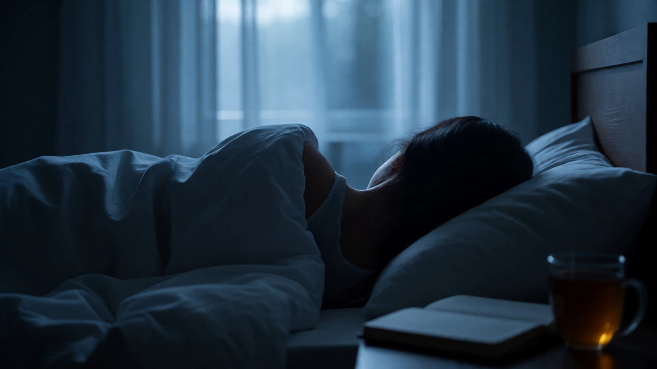 Person sleeping peacefully in a dimly lit, calm bedroom