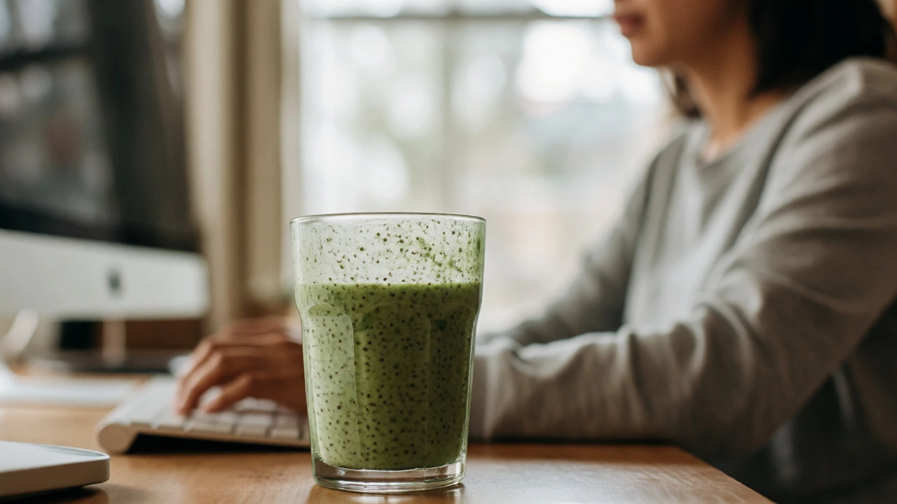 Person working at a desk with a green protein smoothie rich in fiber nearby