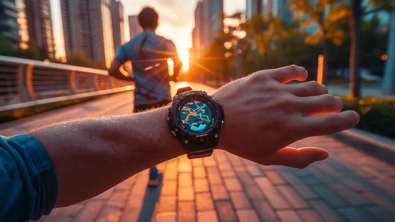 Runner wearing a GPS-enabled fitness watch while jogging outdoors at sunset
