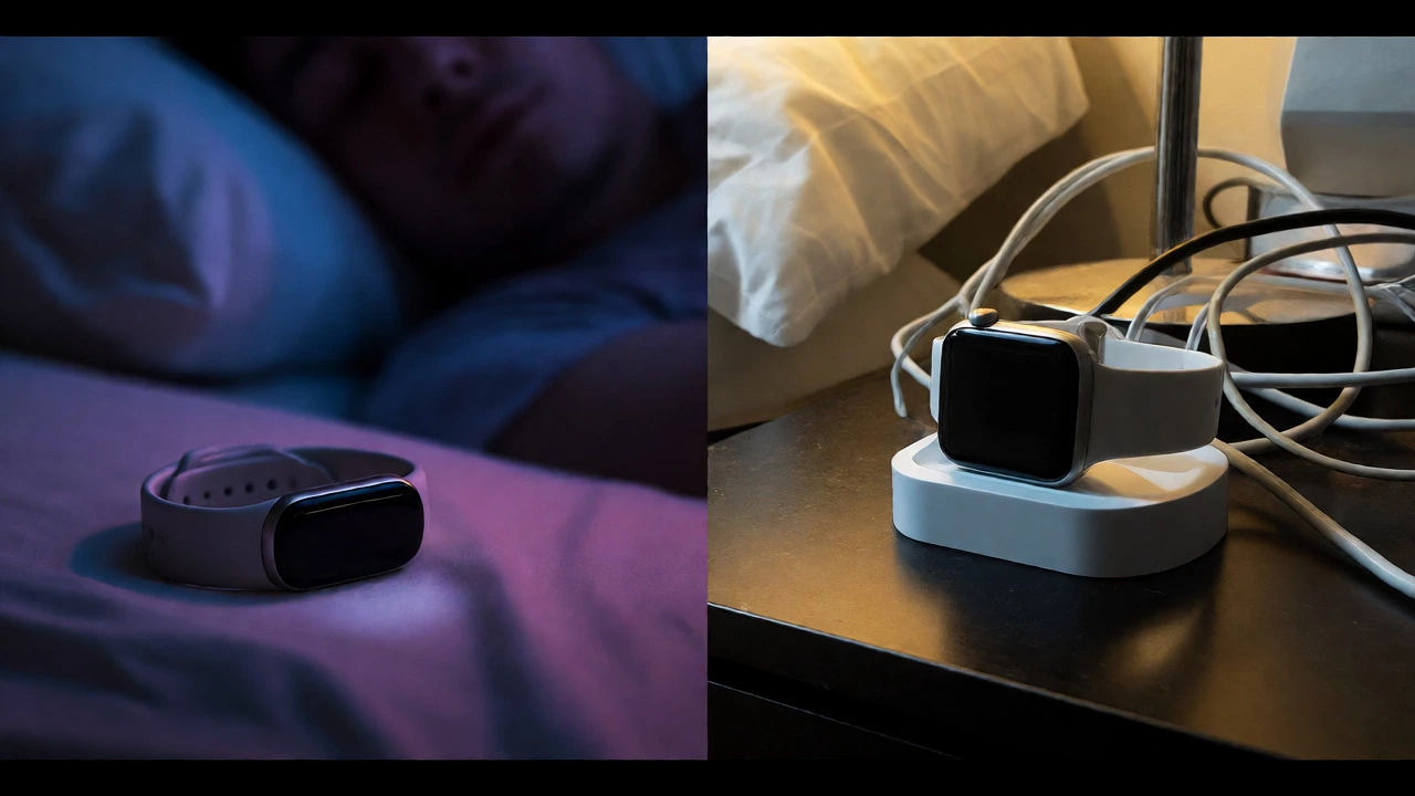 Split view comparing a tracker worn during sleep versus a smartwatch being charged