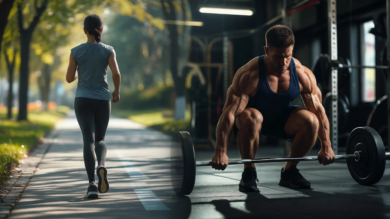 Split view comparing light jogging in a park with heavy weightlifting in a gym.