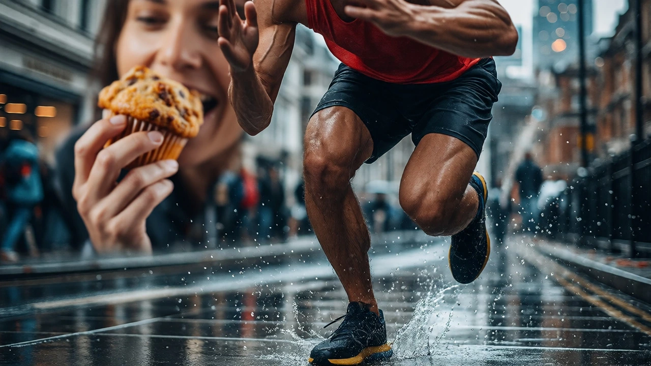 Sprinter doing HIIT with blurred background of compensatory eating